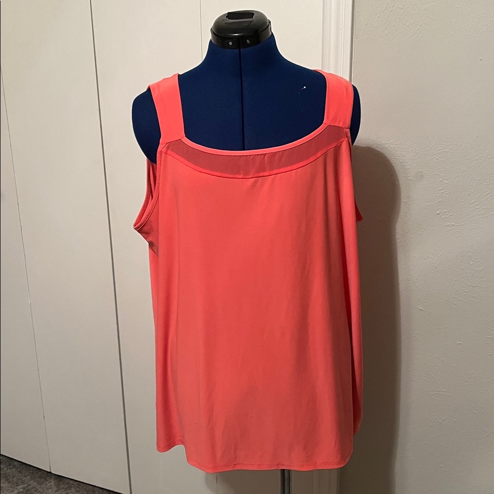 Cato Coral Sleeveless Blouse with Delicate Netting Along Neckline | Size 22/24W